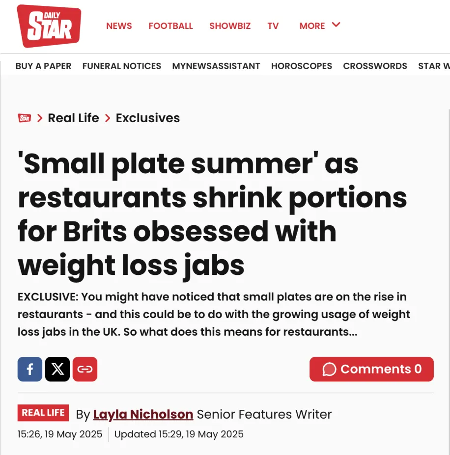 Layla Nicholson 'Small plate summer' as restaurants shrink portions for Brits obsessed with weight loss jabs - Daily Star