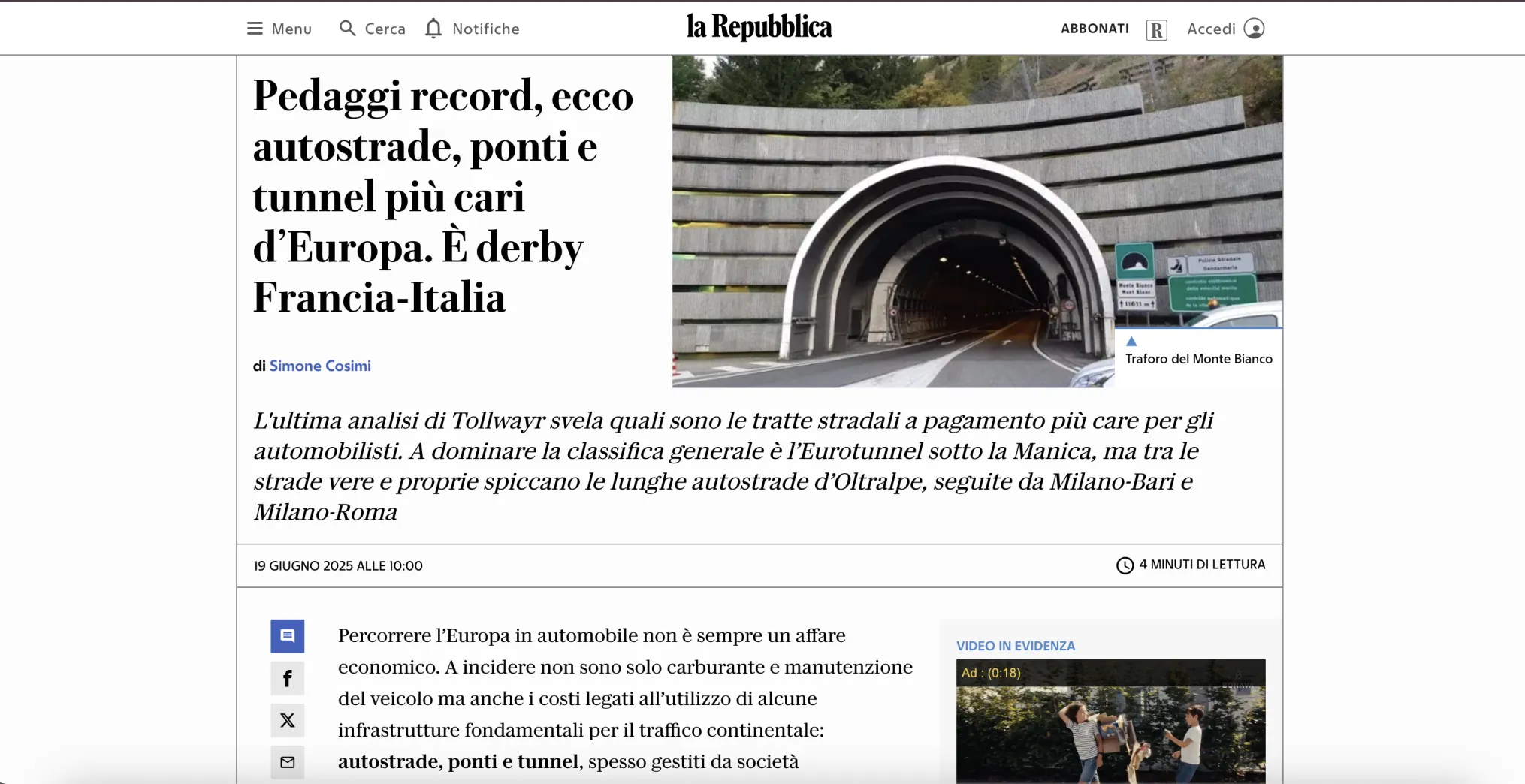 la Repubblica Pedaggi record, ecco autostrade, ponti e tunnel più cari d’Europa. È derby Francia-Italia